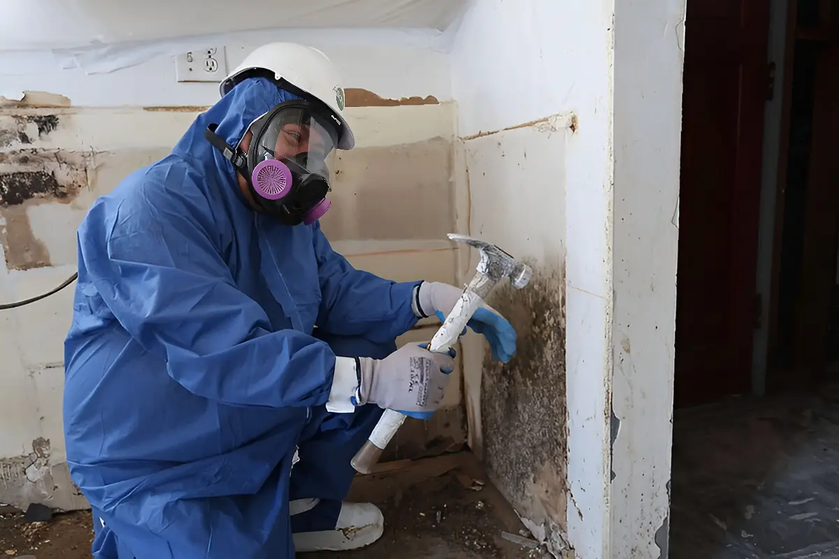 Person in protective gear and mask using a hammer to remove moldy drywall in a damaged room.