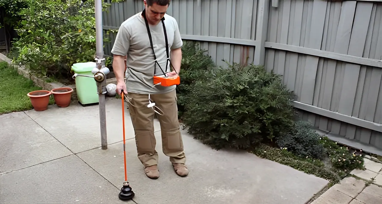 Person using an orange metal detector in a backyard with plants and a wooden fence.