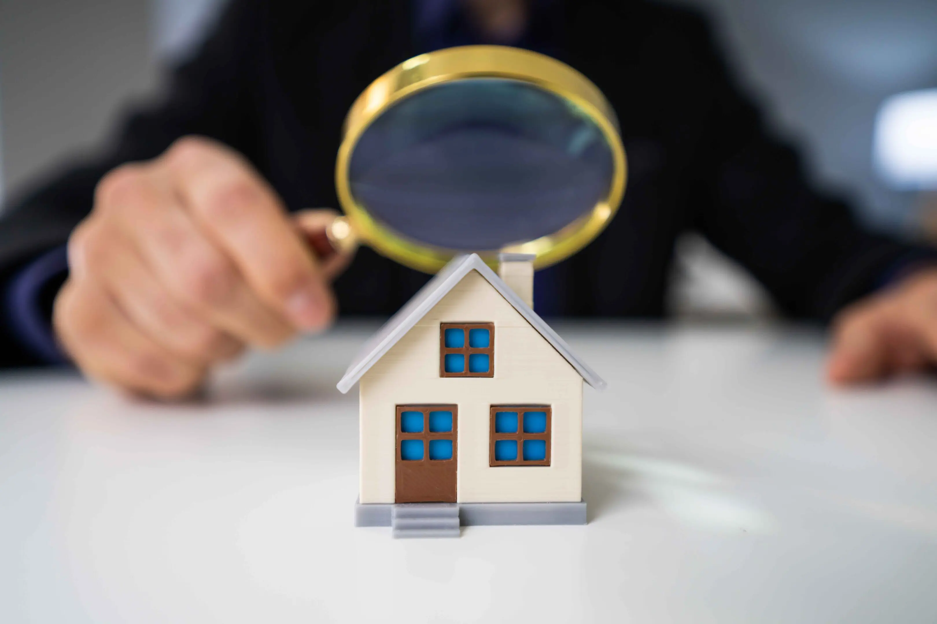 A person holds a magnifying glass over a small model house on a white surface.