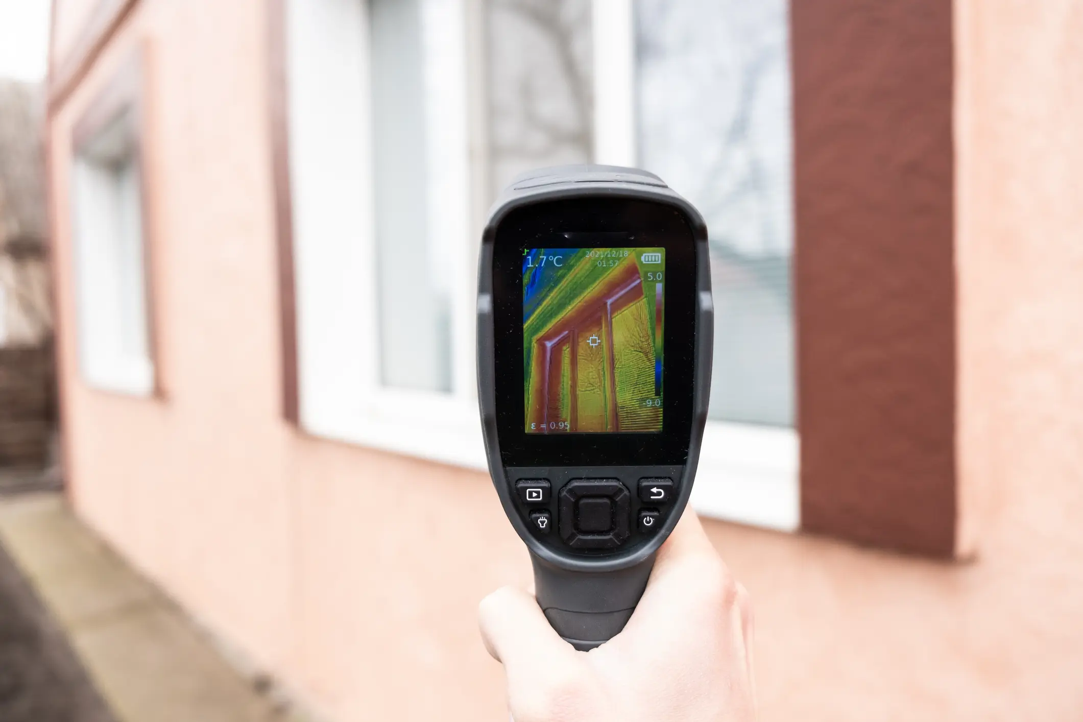 A hand holds a thermal imaging camera displaying a color image of heat distribution on a building's wall.