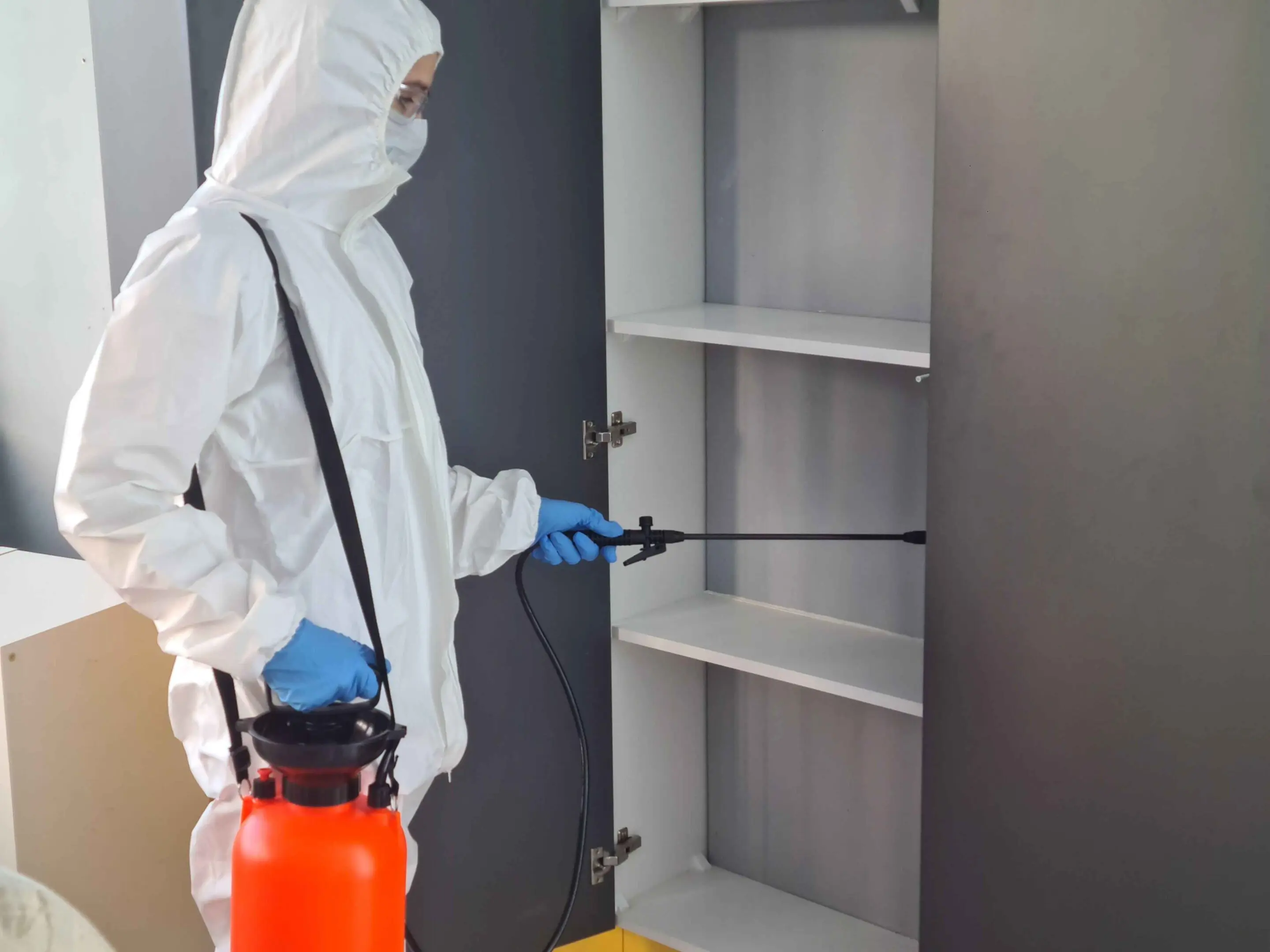 Person in protective gear uses a sprayer to disinfect empty shelves.