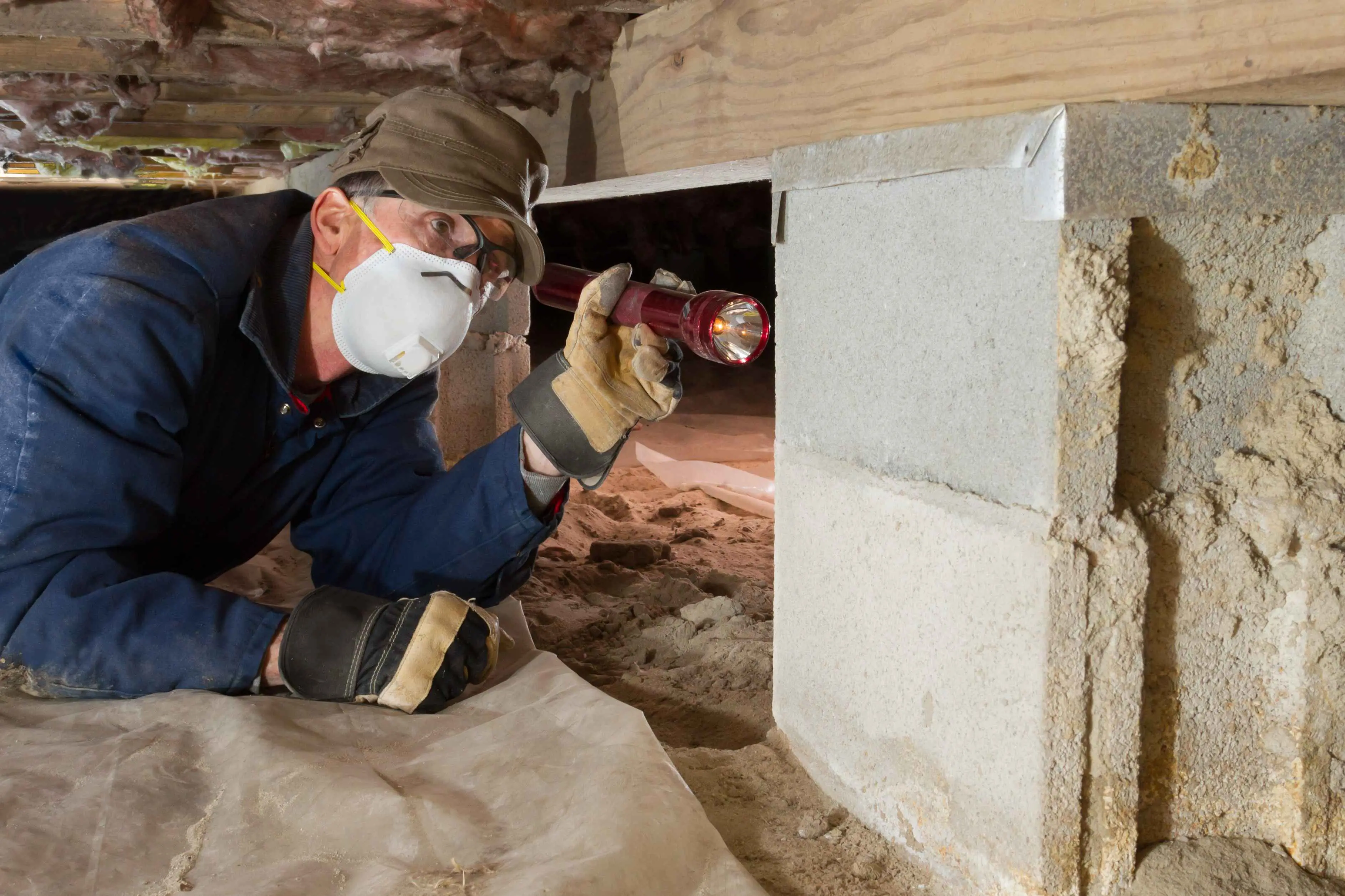 Person in protective gear examines a concrete foundation in a crawl space with a flashlight.