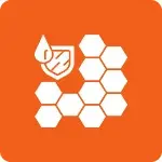 Hexagonal pattern with a shield and droplet on an orange background.