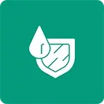 Icon of a drop and a shield with reflective lines, symbolizing water protection, on a green square background.