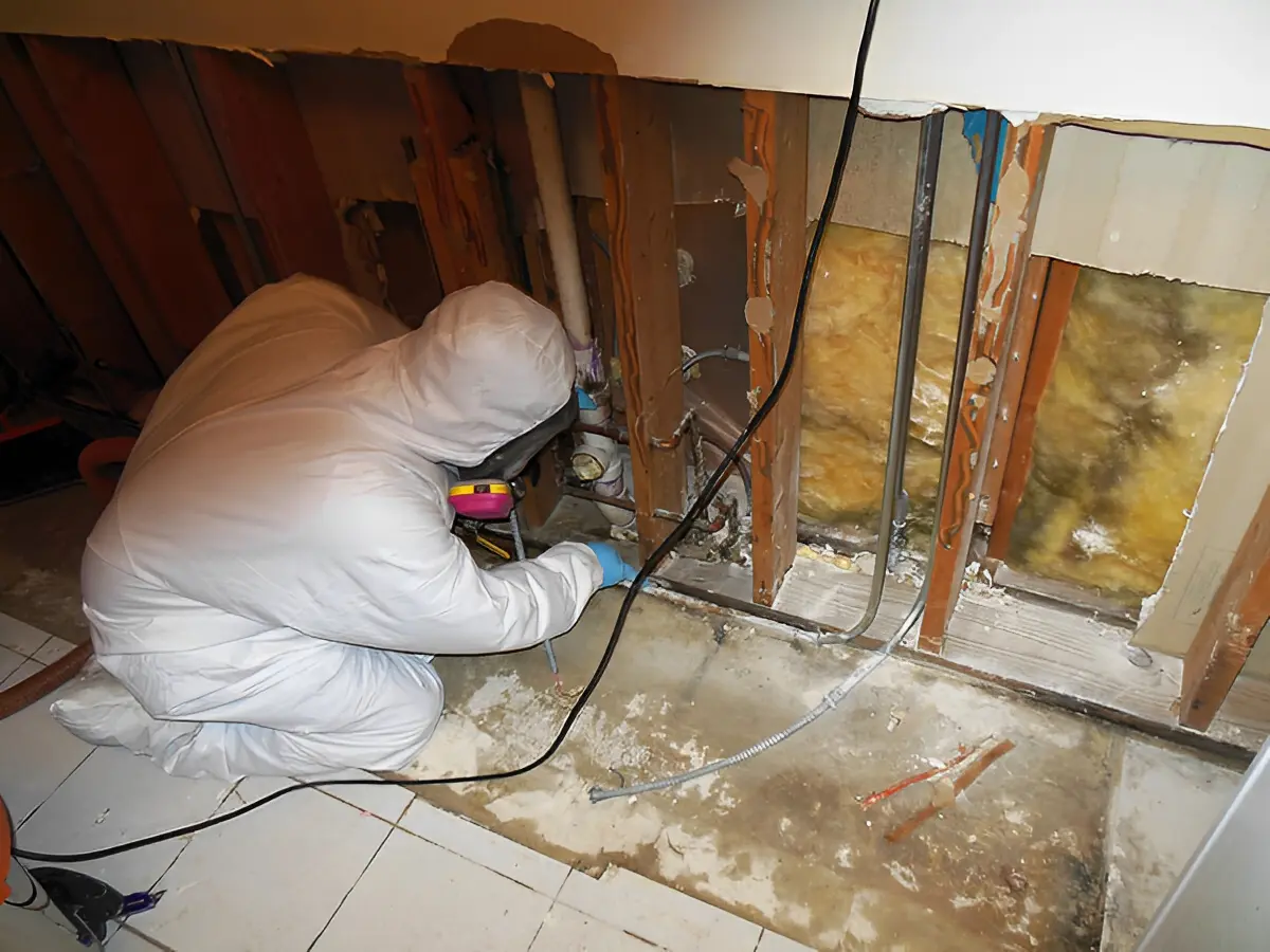 A person in a protective suit inspects and repairs exposed drywall with insulation and wiring visible.