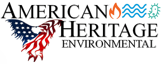 Logo of American Heritage Environmental featuring an eagle with American flag design and icons of fire, water, air, and a microorganism.